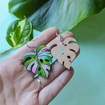 Pink Variegated Monstera Earrings Dangle And Drop