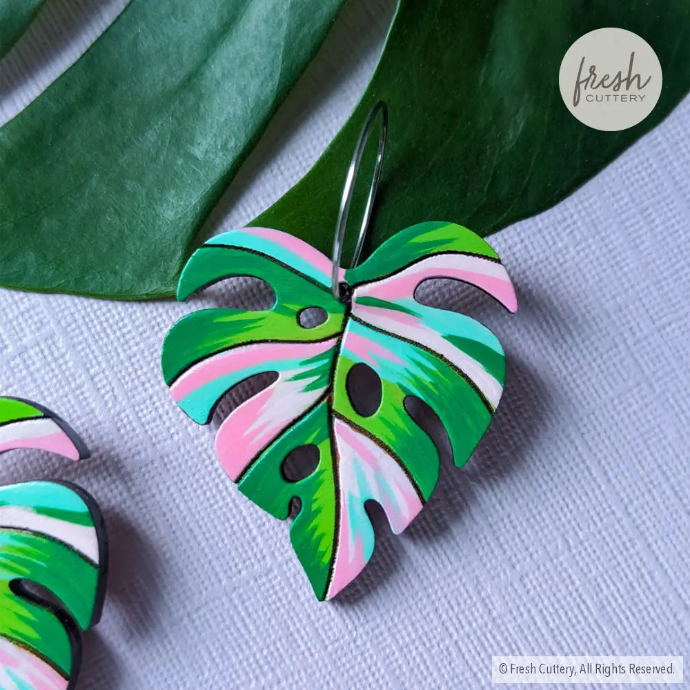 Pink Variegated Monstera Earrings Dangle And Drop