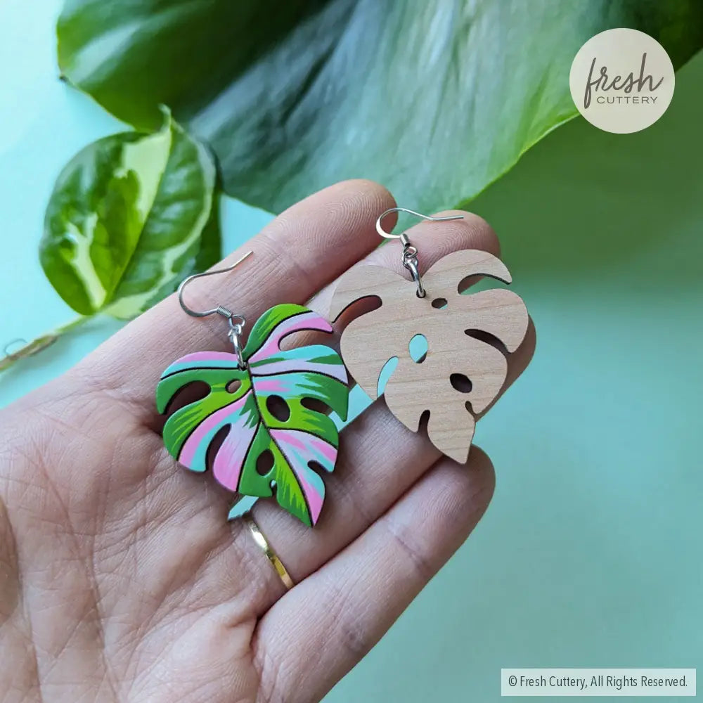 Pink Variegated Monstera Earrings Dangle And Drop