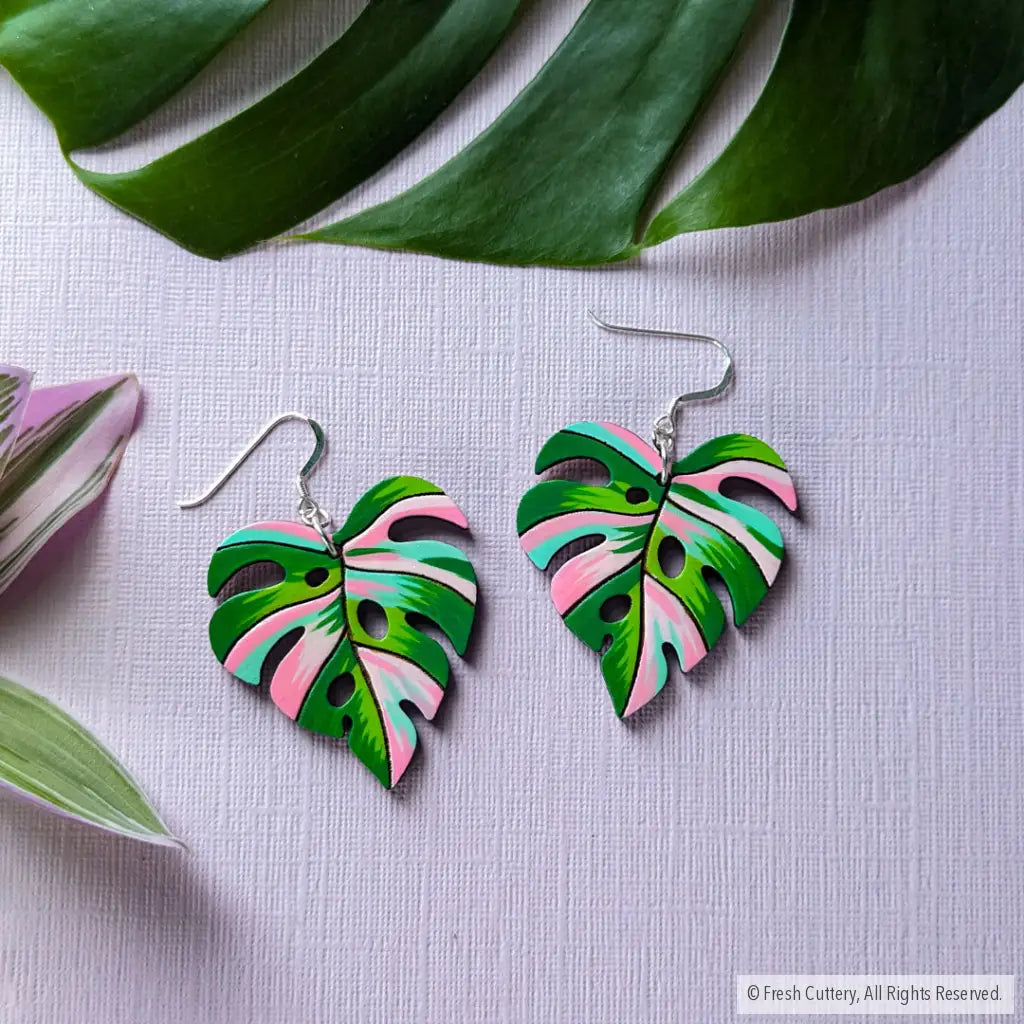 Pink Variegated Monstera Earrings Dangle And Drop