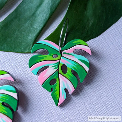 Pink Variegated Monstera Earrings Dangle And Drop