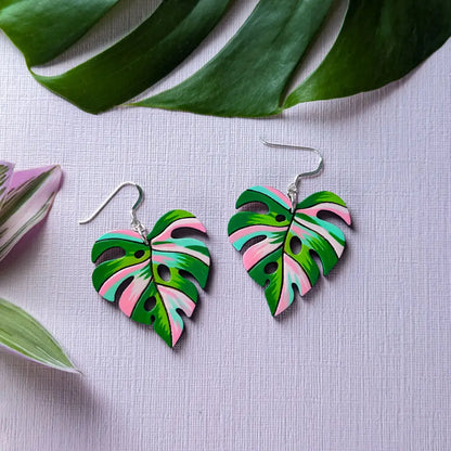 Pink Variegated Monstera Earrings Dangle And Drop