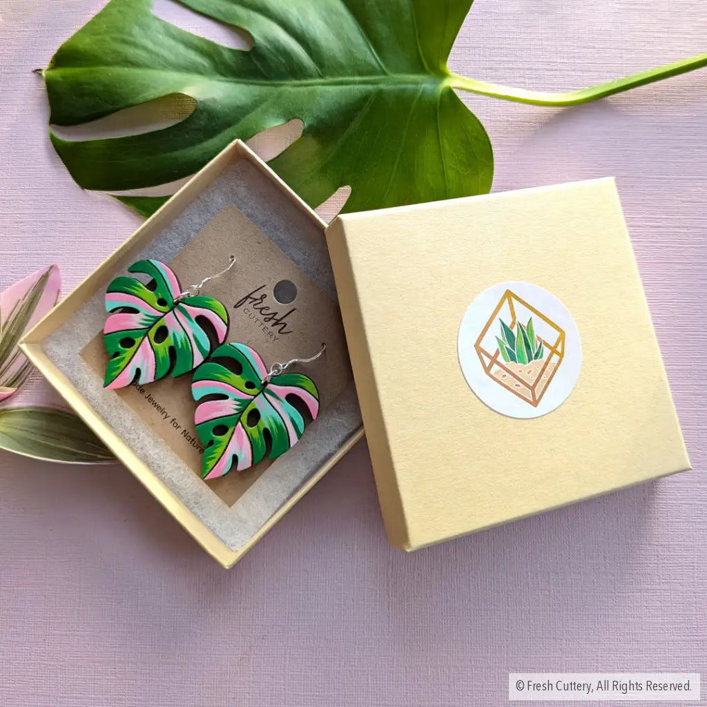 Pink Variegated Monstera Earrings Dangle And Drop