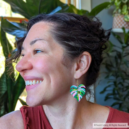Pink Variegated Monstera Earrings Dangle And Drop