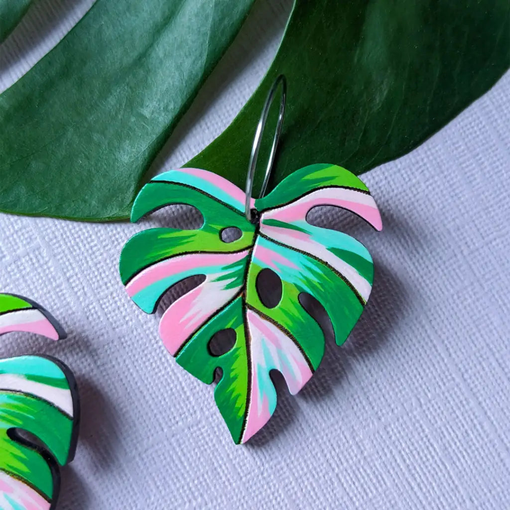 Pink Variegated Monstera Earrings Dangle And Drop