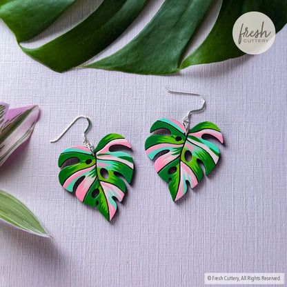 Pink Variegated Monstera Earrings Dangle And Drop