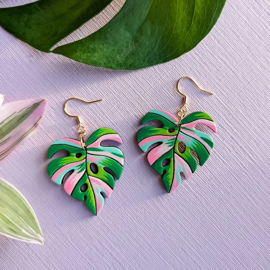 Pink Variegated Monstera Earrings Gold Stainless Ear Wires Dangle And Drop