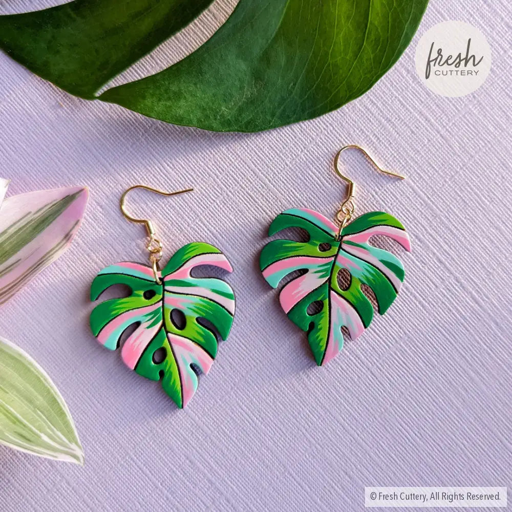 Pink Variegated Monstera Earrings Gold Stainless Ear Wires Dangle And Drop