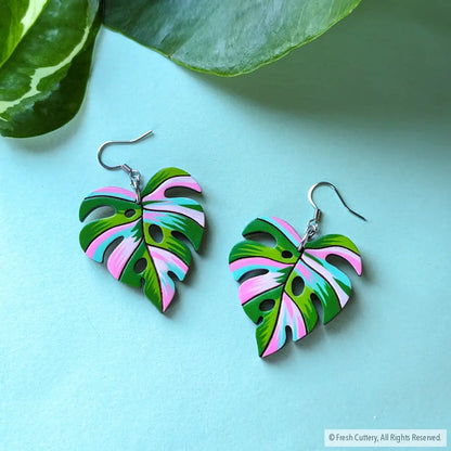 Pink Variegated Monstera Earrings Silver Stainless Ear Wires Dangle And Drop