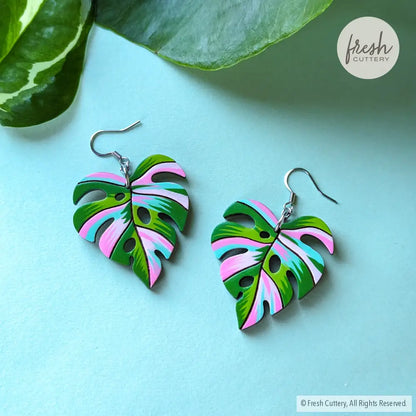 Pink Variegated Monstera Earrings Silver Stainless Ear Wires Dangle And Drop