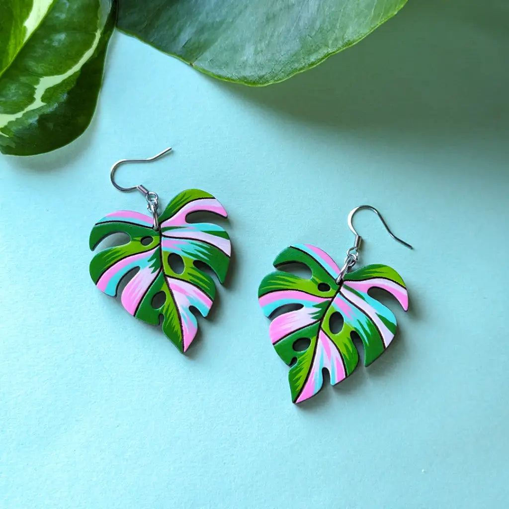 Pink Variegated Monstera Earrings Silver Stainless Ear Wires Dangle And Drop