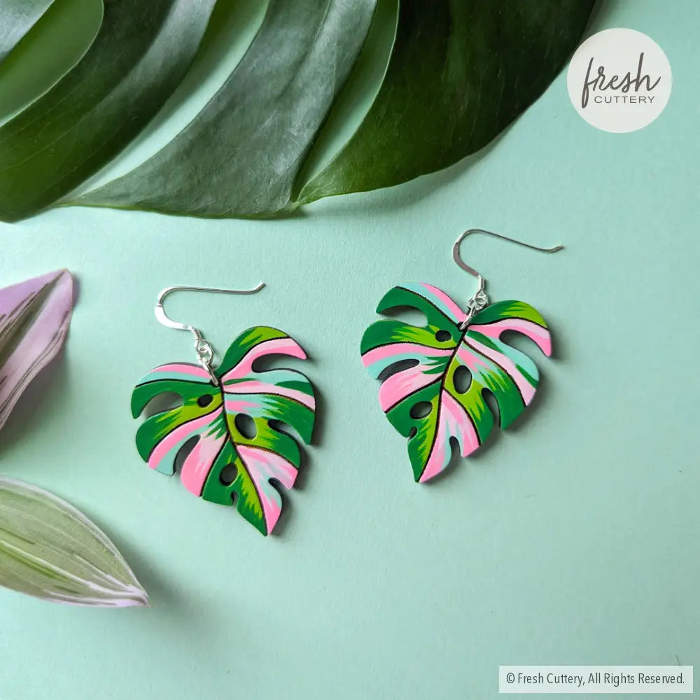 Pink Variegated Monstera Earrings Sterling Silver Ear Wires Dangle And Drop