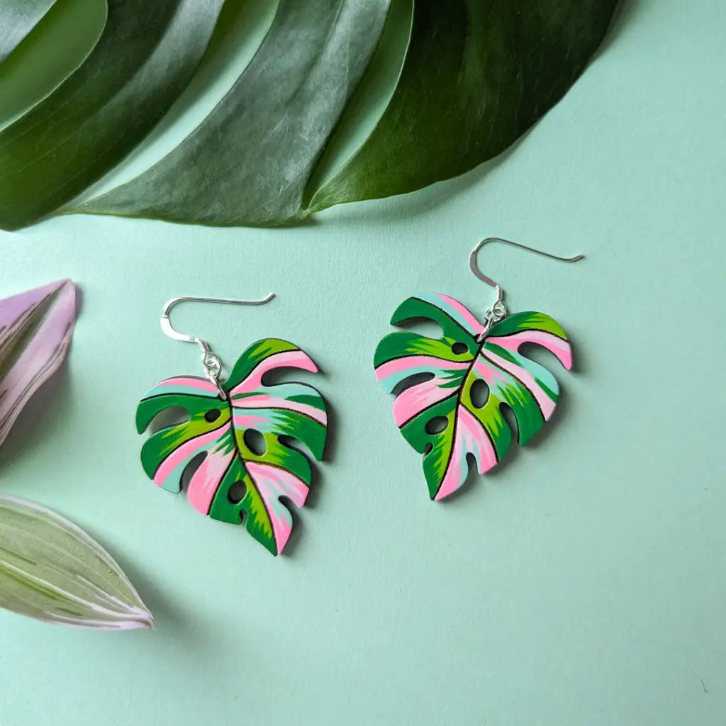 Pink Variegated Monstera Earrings Sterling Silver Ear Wires Dangle And Drop