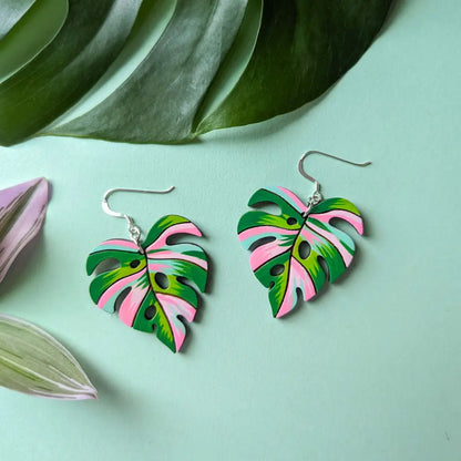 Pink Variegated Monstera Earrings Sterling Silver Ear Wires Dangle And Drop