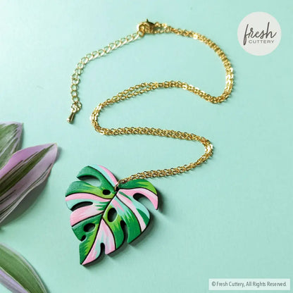 Pink Variegated Monstera Necklace Gold Necklaces