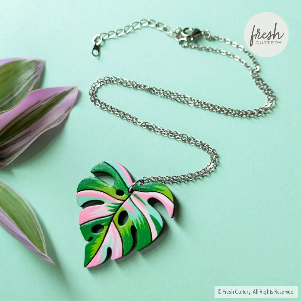 Pink Variegated Monstera Necklace Silver Necklaces