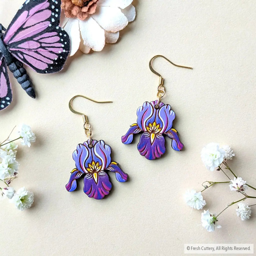 Purple Iris Earrings Gold Ear Wires Dangle and Drop Earrings