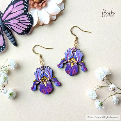 Purple Iris Earrings Gold Ear Wires Dangle and Drop Earrings