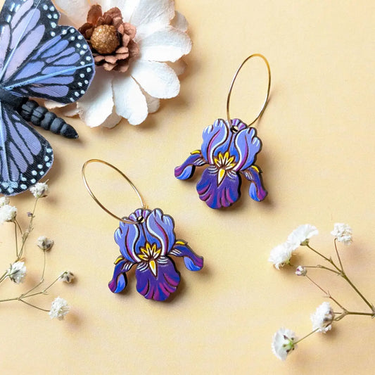 Purple Iris Earrings Gold Hoops Dangle and Drop Earrings