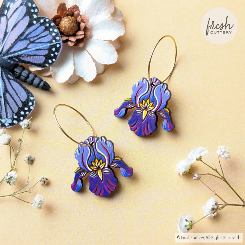 Purple Iris Earrings Gold Hoops Dangle and Drop Earrings