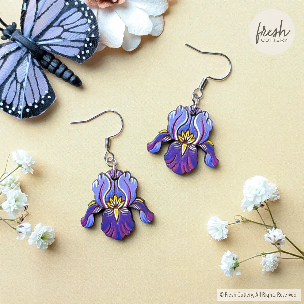 Purple Iris Earrings Silver Ear Wires Dangle and Drop Earrings