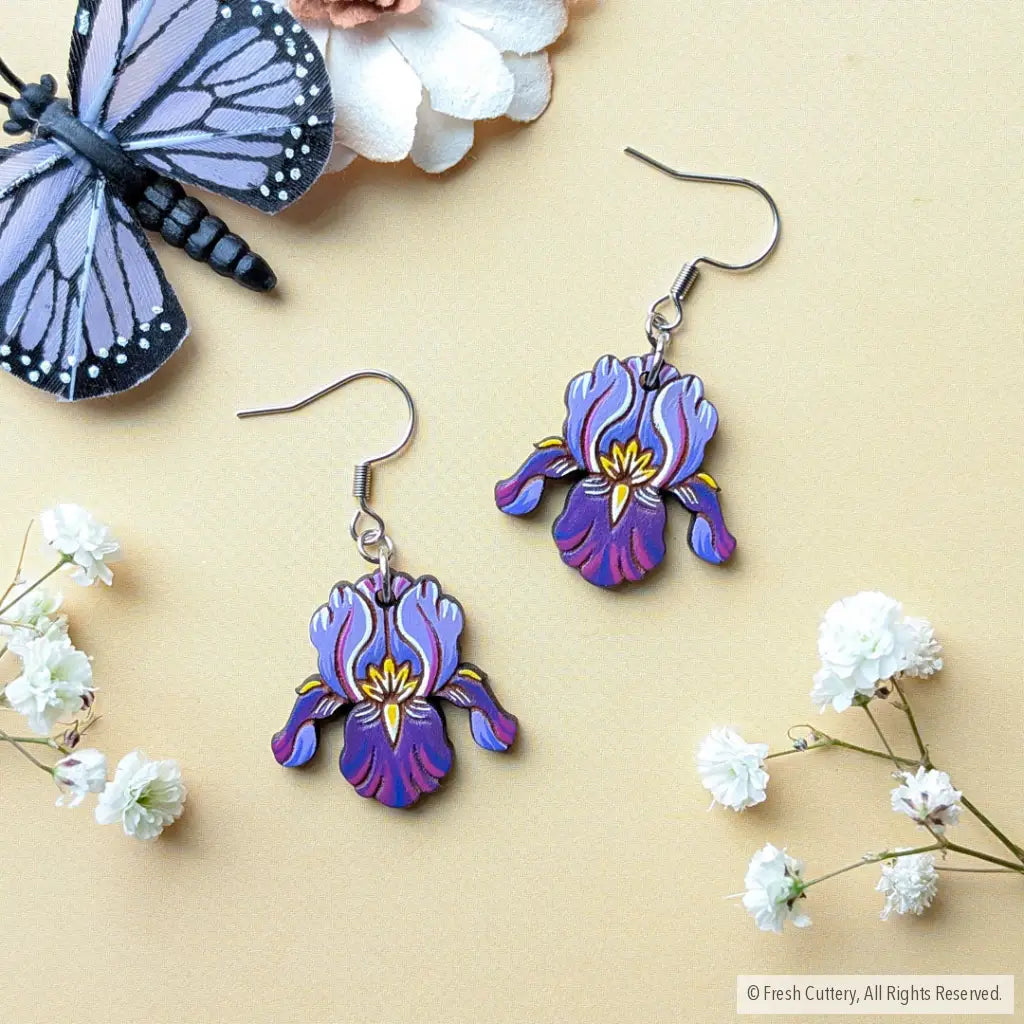 Purple Iris Earrings Silver Ear Wires Dangle and Drop Earrings