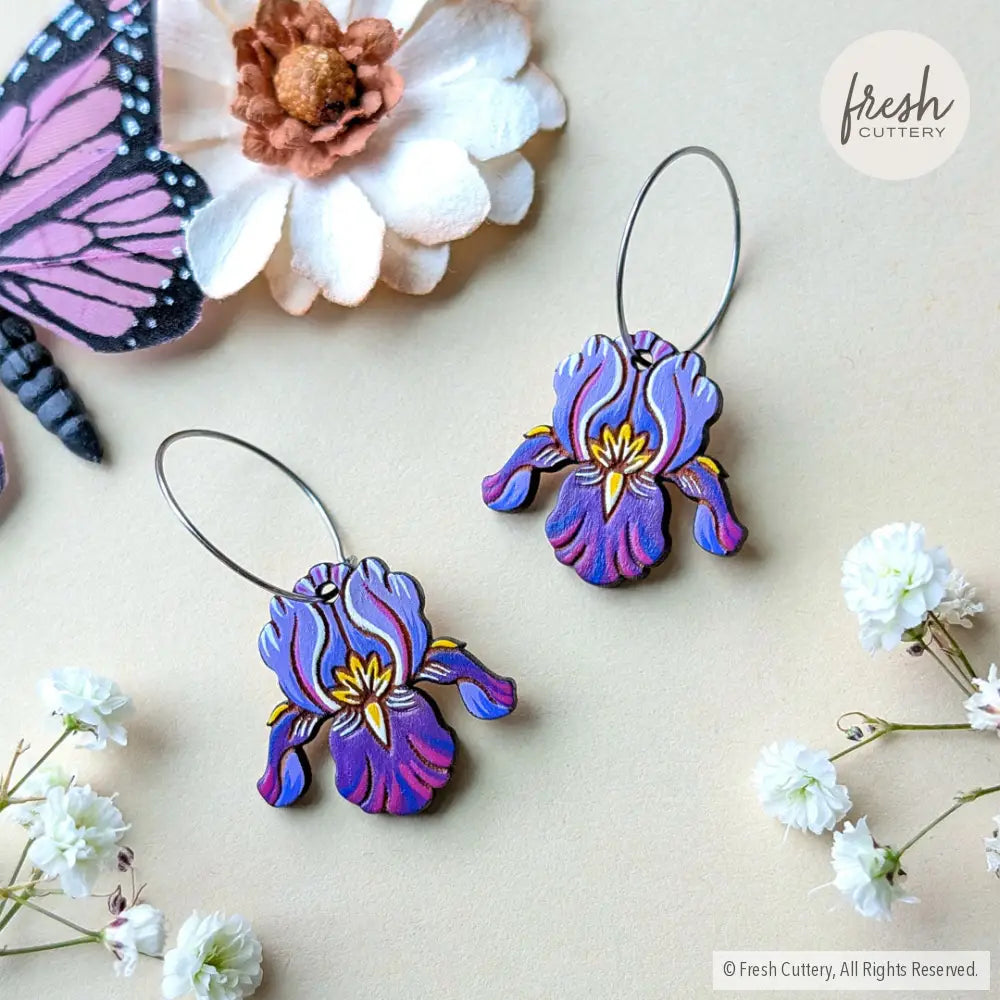 Purple Iris Earrings Silver Hoops Dangle and Drop Earrings