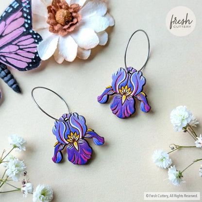 Purple Iris Earrings Silver Hoops Dangle and Drop Earrings