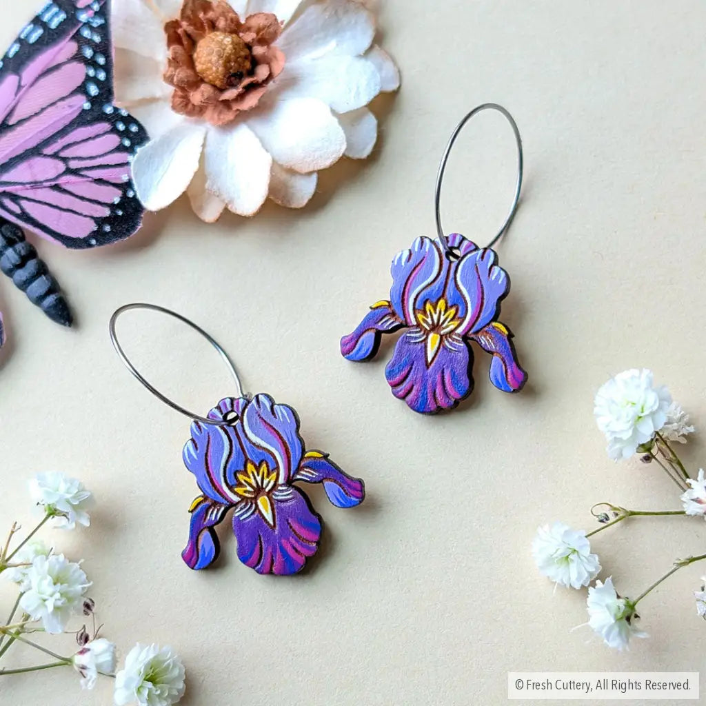Purple Iris Earrings Silver Hoops Dangle and Drop Earrings