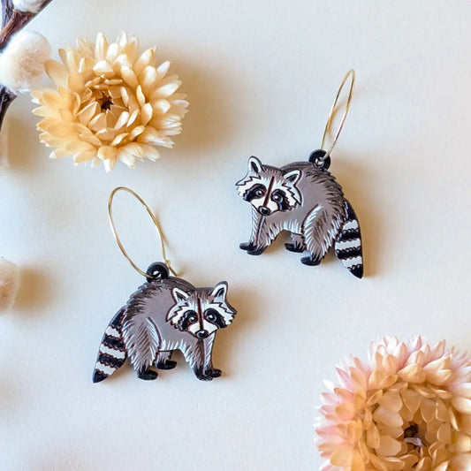 Raccoon Earrings Gold Hoops Dangle and Drop Earrings
