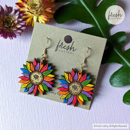 Rainbow Pride Flower Earrings Gold Ear Wires Dangle And Drop