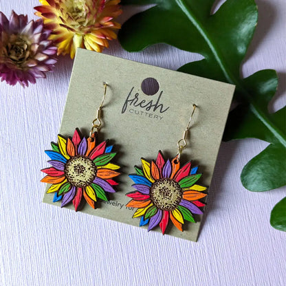 Rainbow Pride Flower Earrings Gold Ear Wires Dangle And Drop