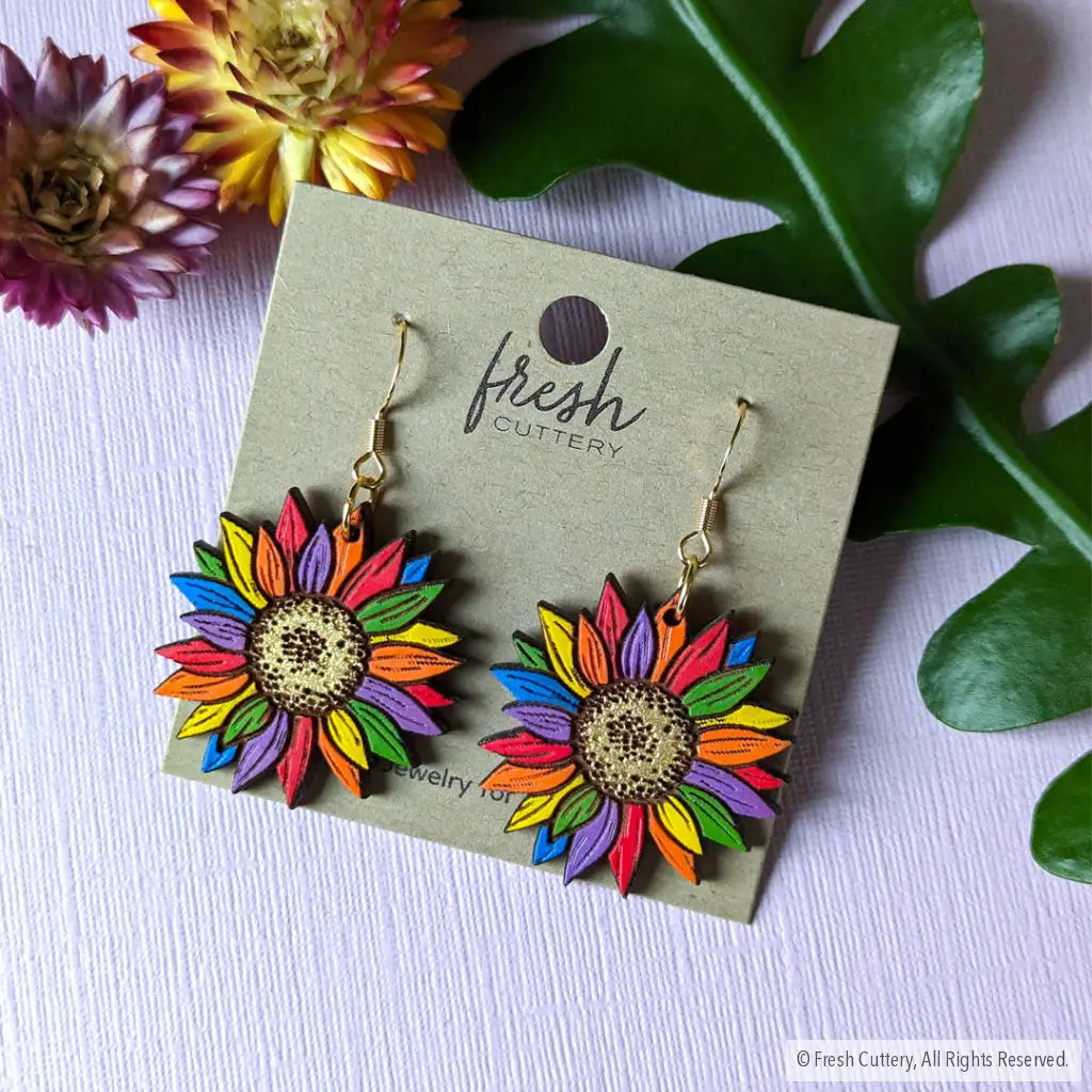 Rainbow Pride Flower Earrings Gold Ear Wires Dangle And Drop