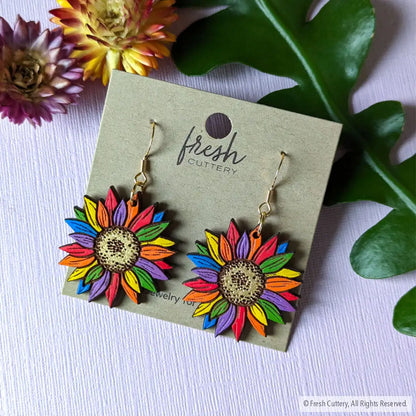 Rainbow Pride Flower Earrings Gold Ear Wires Dangle And Drop