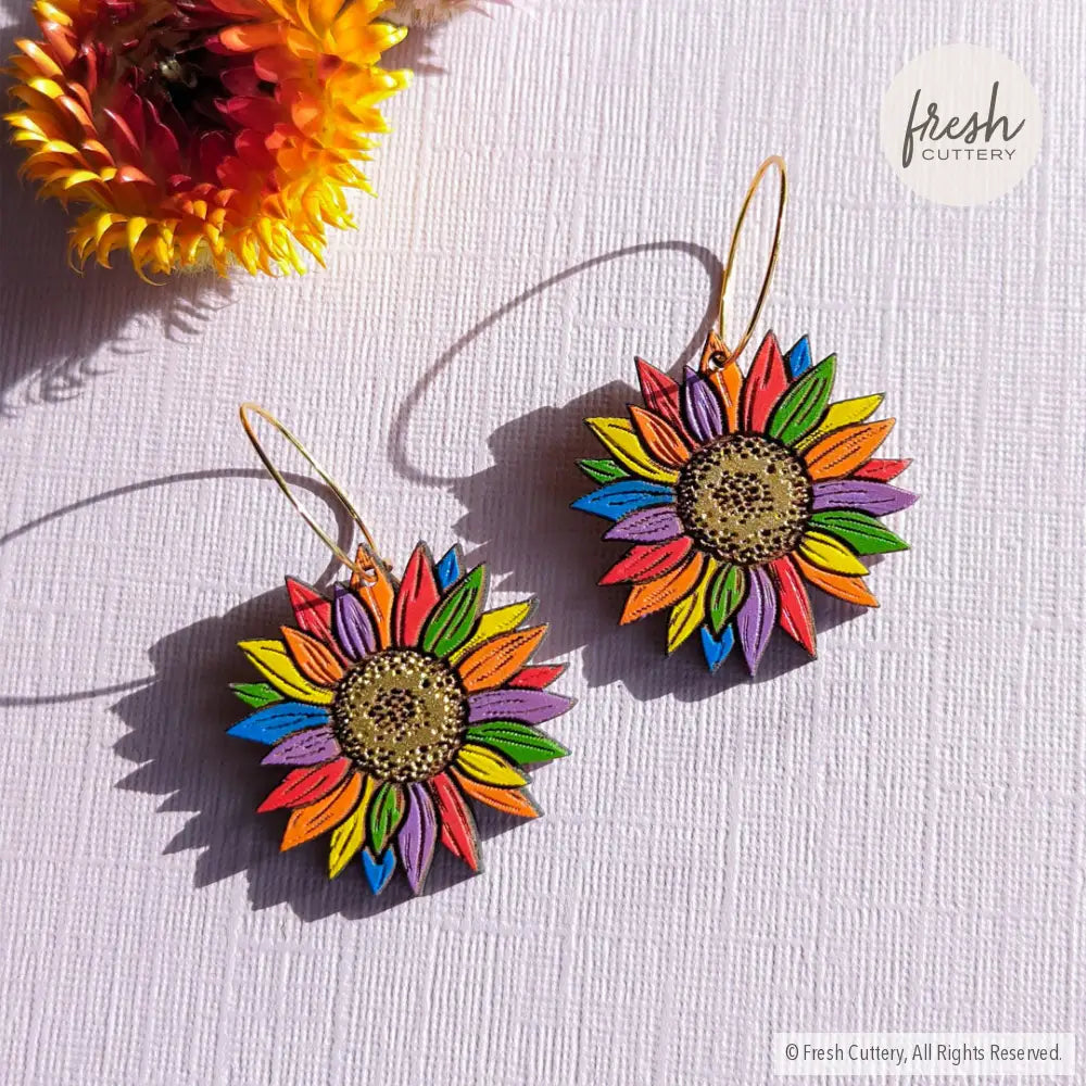 Rainbow Pride Flower Earrings Gold Hoops Dangle And Drop