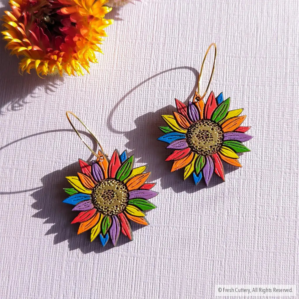 Rainbow Pride Flower Earrings Gold Hoops Dangle And Drop