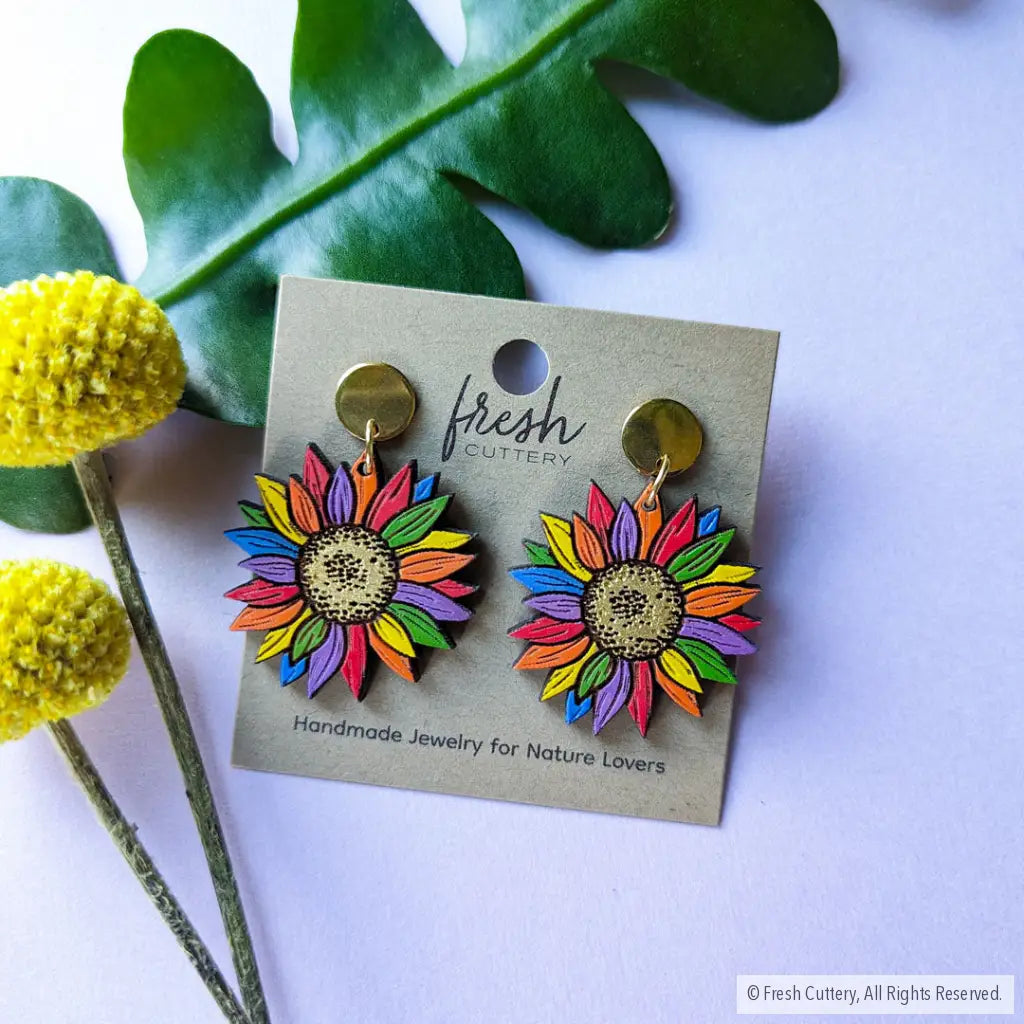 Rainbow Pride Flower Earrings Gold Round Posts Dangle And Drop