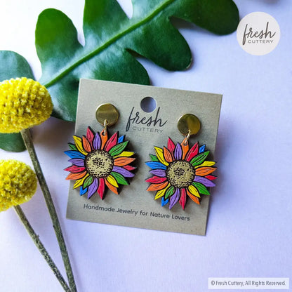 Rainbow Pride Flower Earrings Gold Round Posts Dangle And Drop