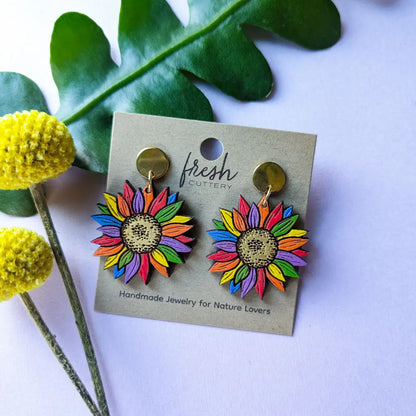 Rainbow Pride Flower Earrings Gold Round Posts Dangle And Drop