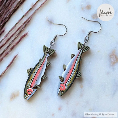 Rainbow Trout Earrings Silver Ear Wires Dangle and Drop Earrings