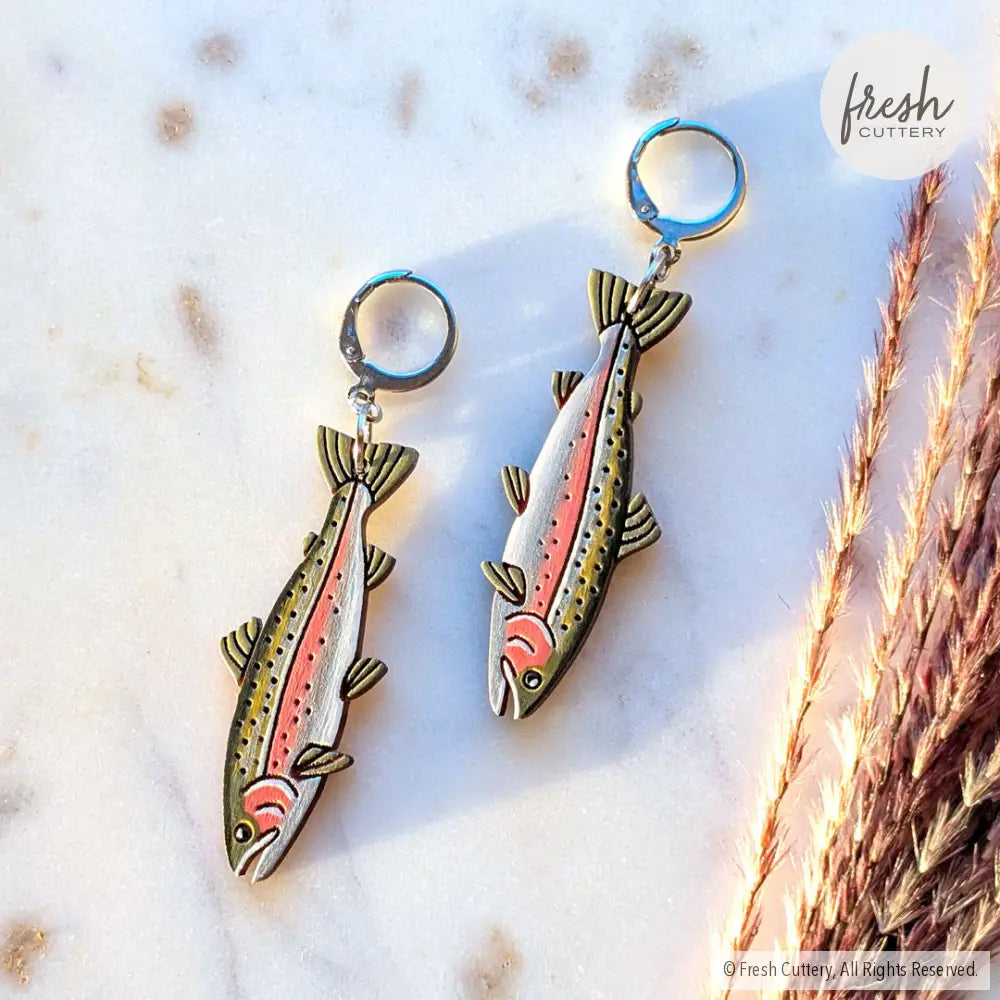 Rainbow Trout Earrings Silver Leverbacks Dangle and Drop Earrings