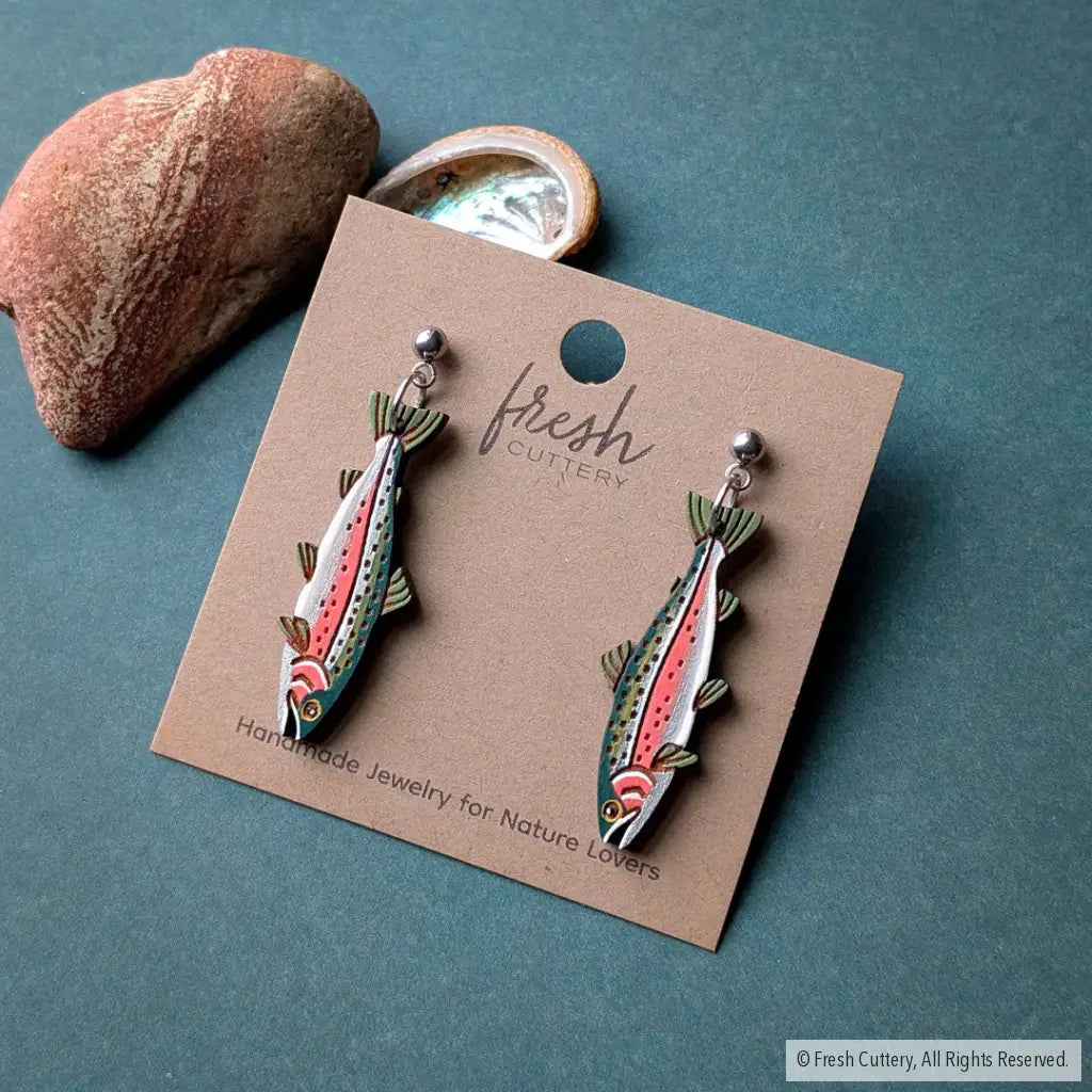 Rainbow Trout Earrings Silver Ball Posts Dangle and Drop Earrings