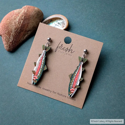 Rainbow Trout Earrings Silver Ball Posts Dangle and Drop Earrings