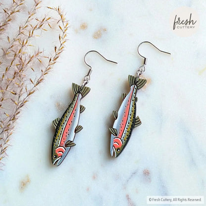 Rainbow Trout Earrings Silver Ear Wires Dangle and Drop Earrings