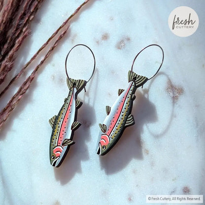 Rainbow Trout Earrings Silver Hoops Dangle and Drop Earrings