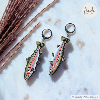 Rainbow Trout Earrings Silver Leverbacks Dangle and Drop Earrings