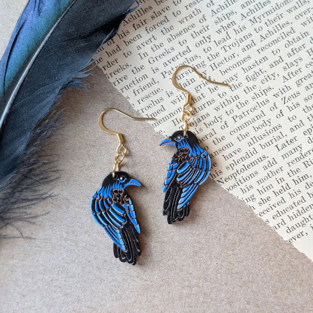 Raven Earrings Gold Ear Wires Dangle and Drop Earrings
