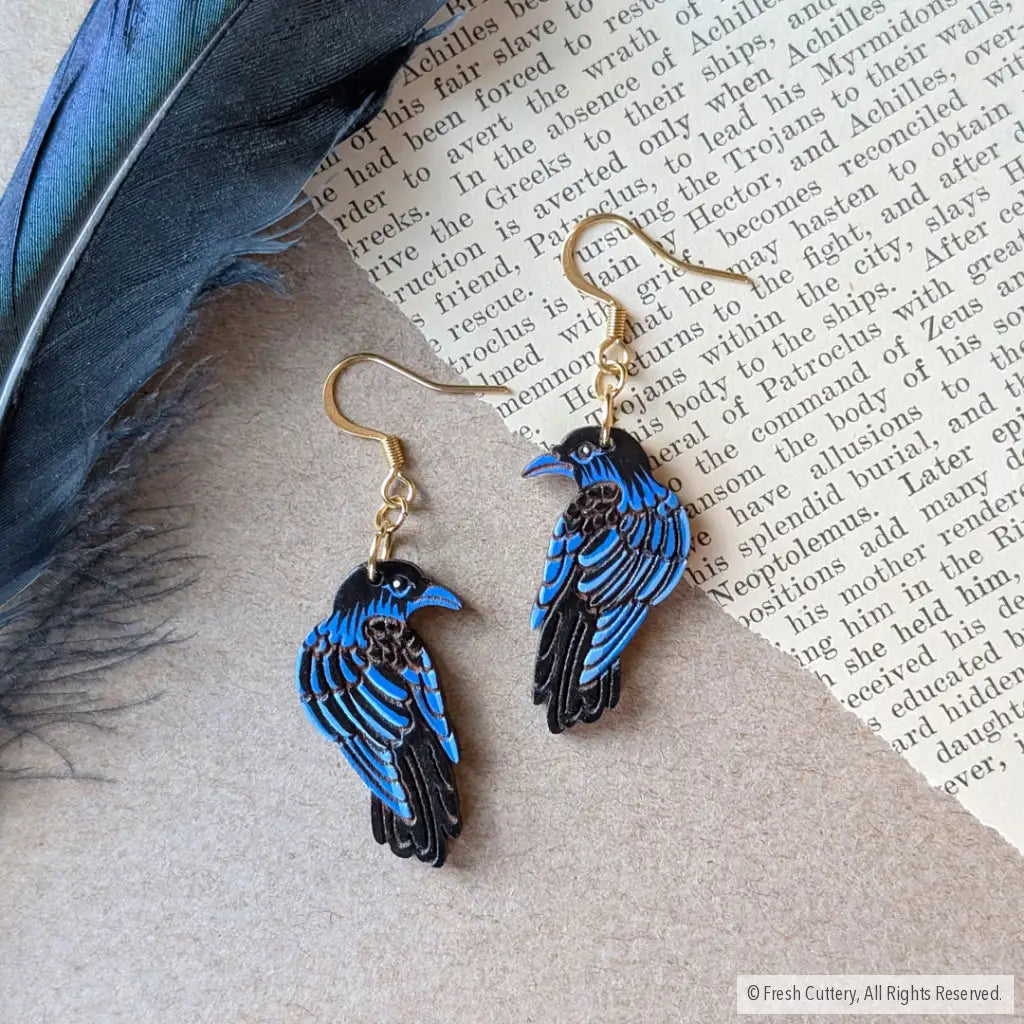 Raven Earrings Gold Ear Wires Dangle and Drop Earrings
