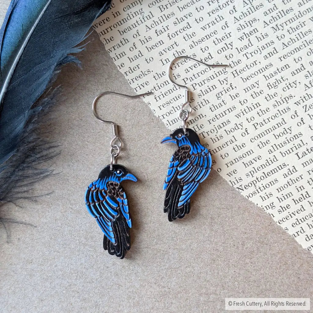 Raven Earrings Silver Ear Wires Dangle and Drop Earrings