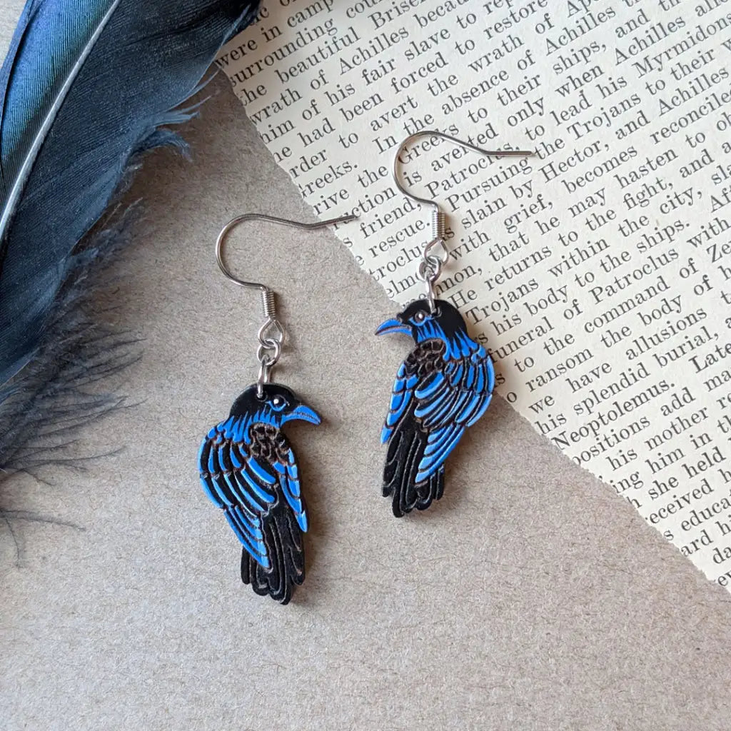 Raven Earrings Silver Ear Wires Dangle and Drop Earrings